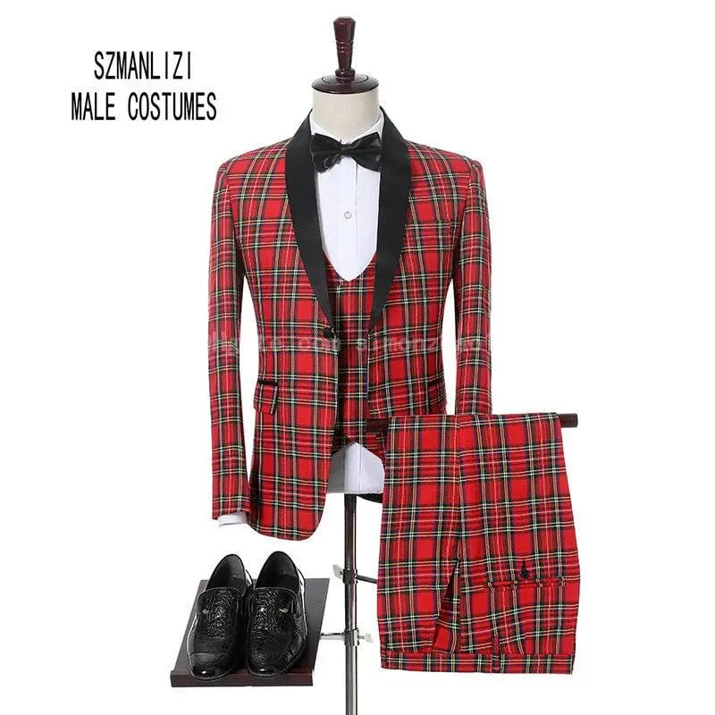 Black and white polka dot men's wedding suit by SHOWLU FASHION STORE, slim fit 3-piece tuxedo with shawl lapel, ideal for formal events.