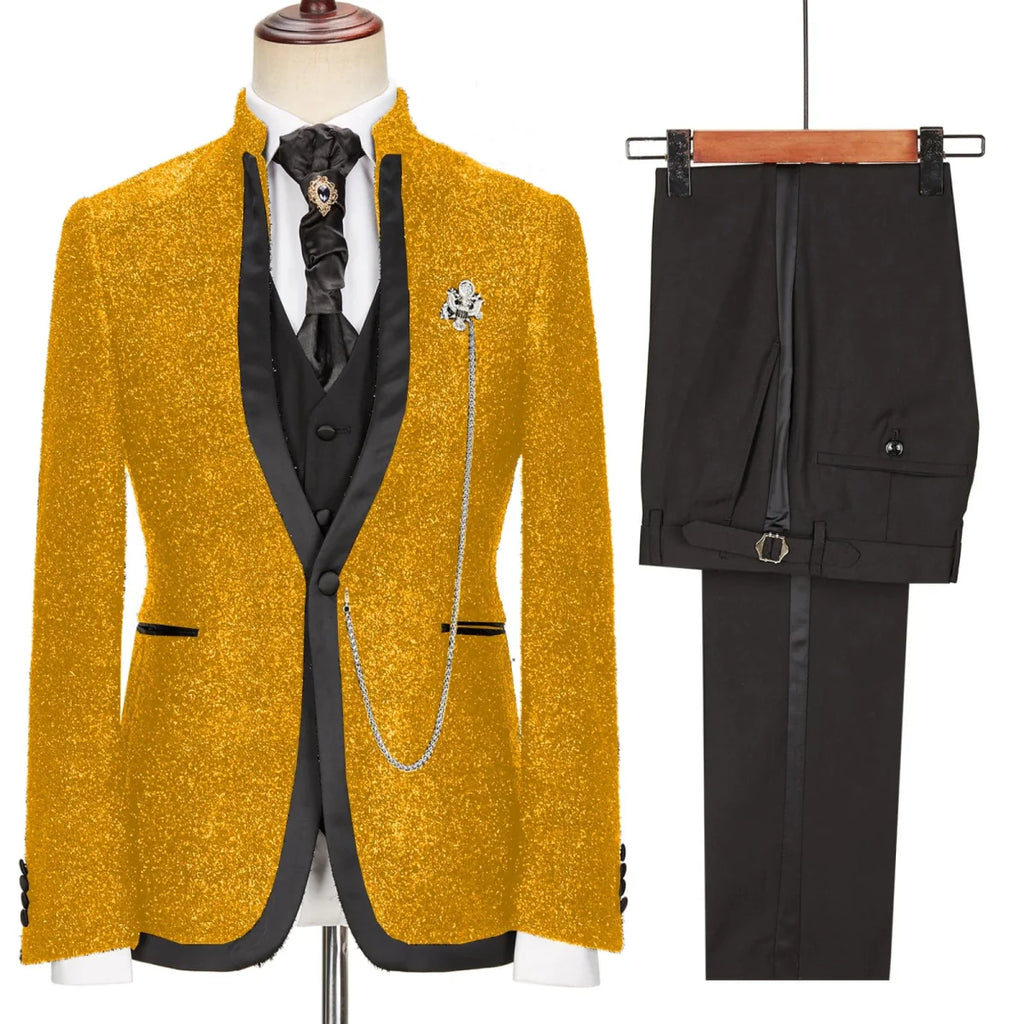 Black and white polka dot men's wedding suit by SHOWLU FASHION, slim fit 3-piece tuxedo with shawl lapel and modern design.