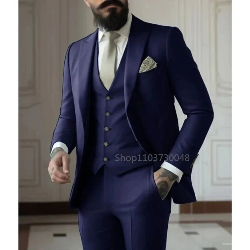 Kromoc men's 3-piece slim fit formal suit in wool blend, including jacket, vest, and pants, ideal for weddings and formal events