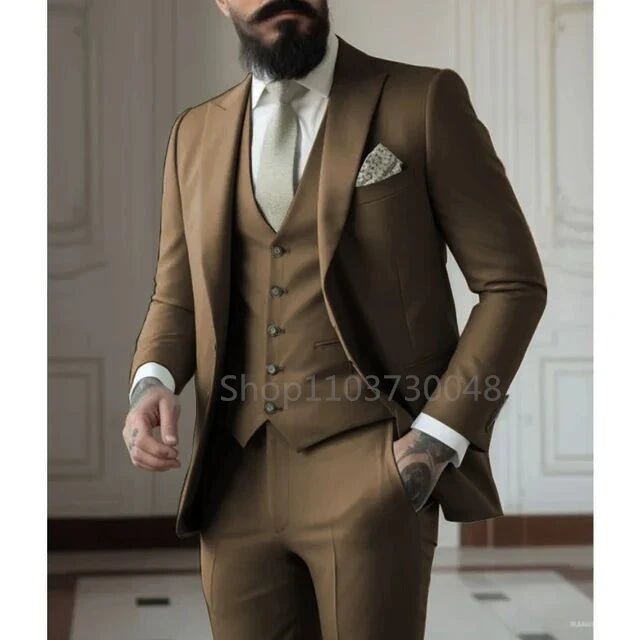 Latest Solid Formal Men's Suit Slim Fit Elegant Groom Tuxedos Wedding Business Party Suits 3 Pieces Sets (Jacket+Vest+Pants) - SHOWLU FASHION STORE