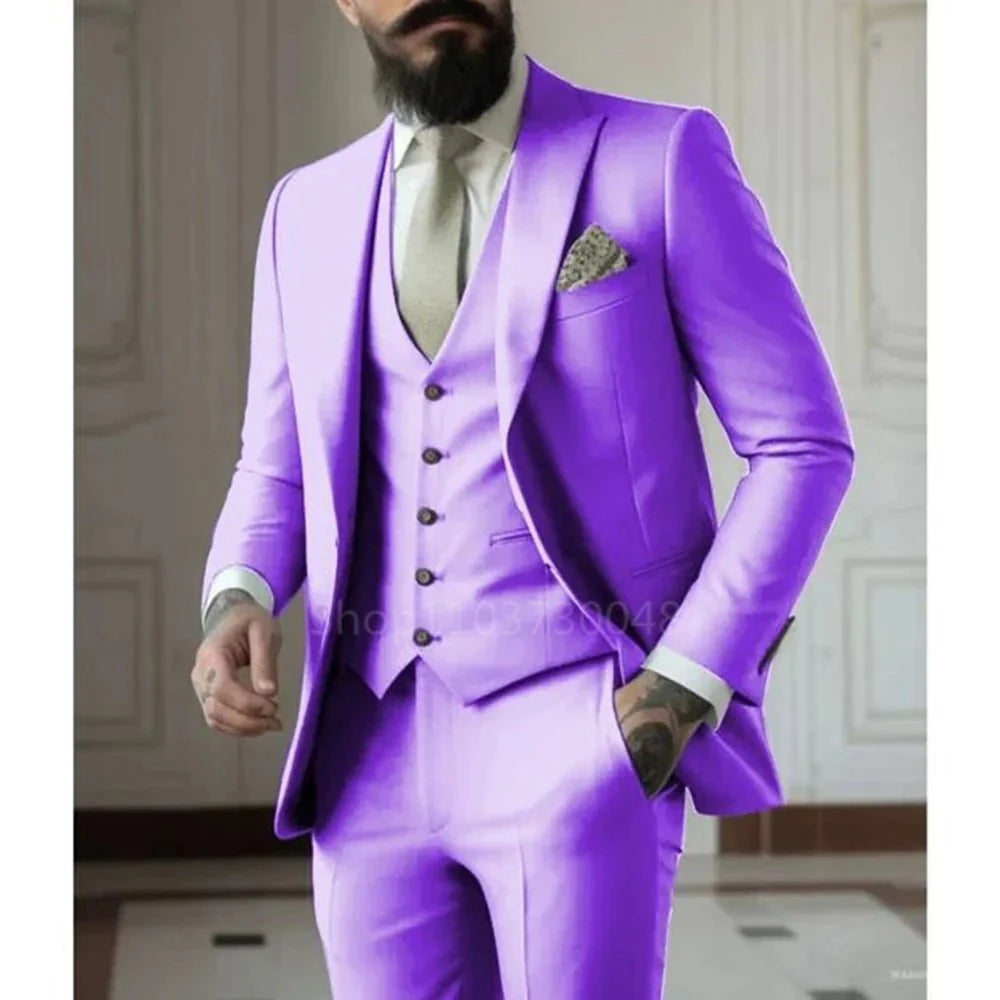 Kromoc men's 3-piece slim fit formal suit in wool blend, includes jacket, vest, and pants, ideal for weddings and business events.