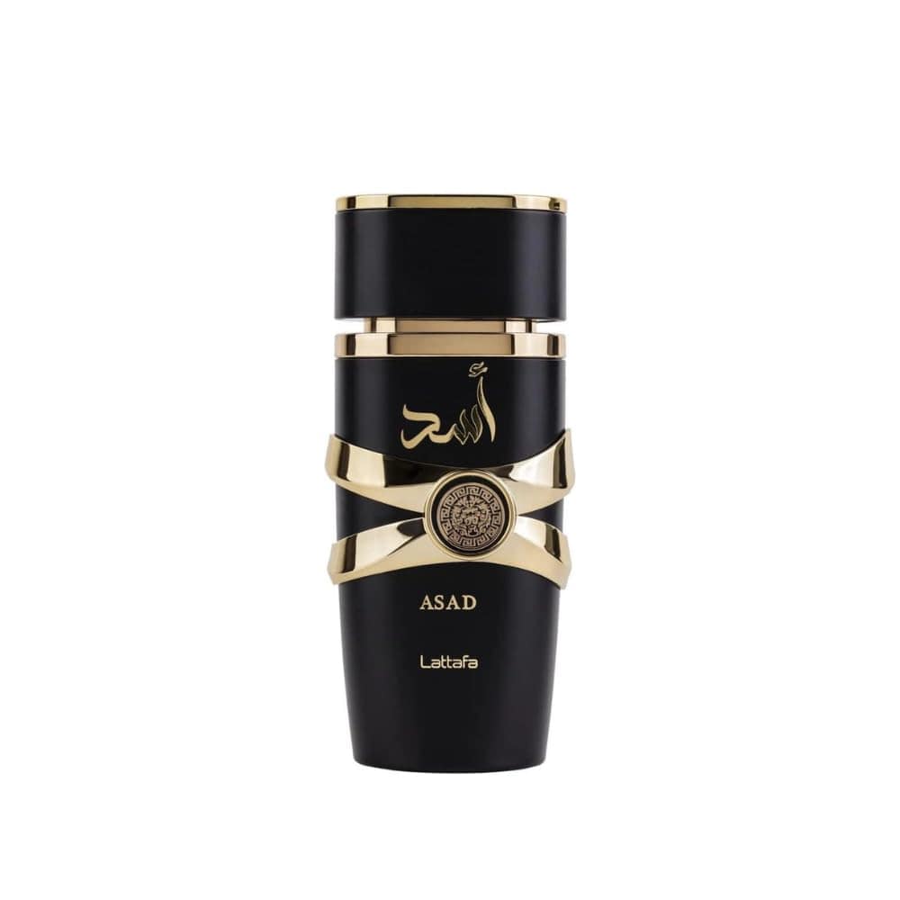 Lattafa Asad unisex Eau de Parfum spray in 3.4 oz, featuring long-lasting vanilla fragrance with elegant packaging.