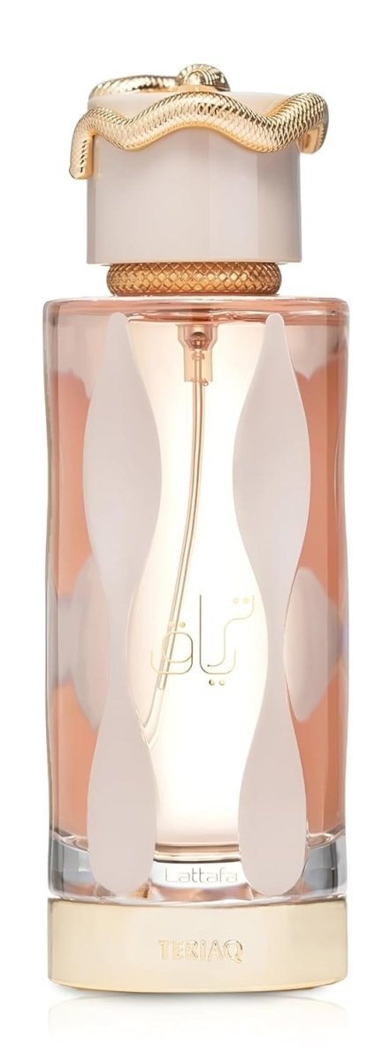 Lattafa Teriaq Eau De Parfum unisex spray bottle, 3.4 oz, elegant fragrance with a sleek design.