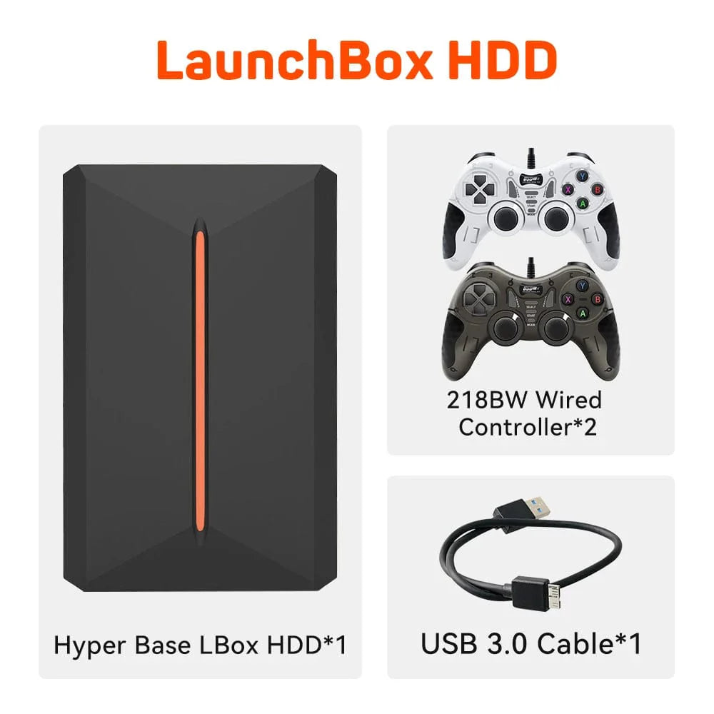 JMachen Launchbox 500GB external gaming hard drive with retro 3D game console design for PS4, PS3, Wii, N64, and PC.