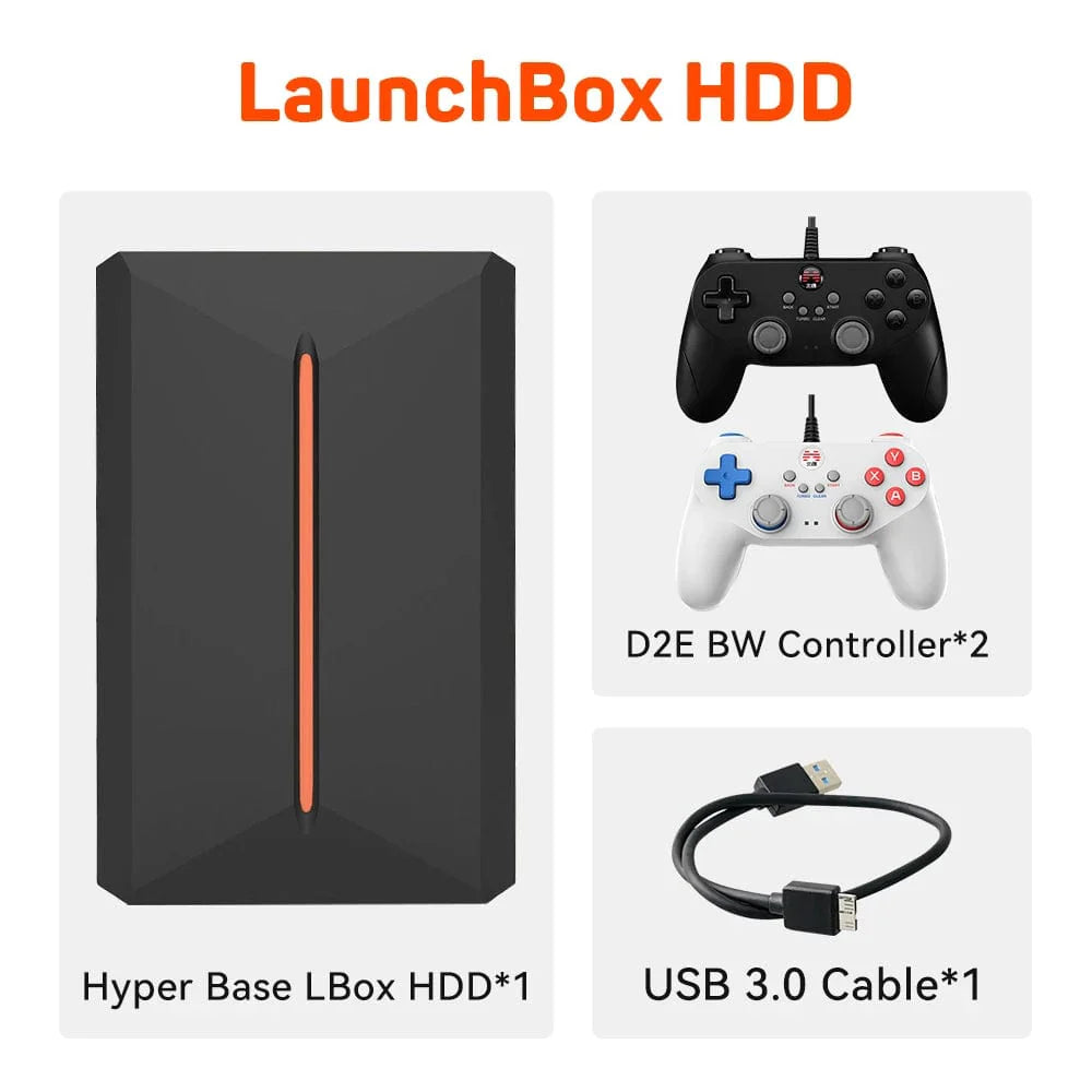 JMachen Launchbox 500GB external gaming hard drive with retro 3D game console design, compatible with PS4, PS3, Wii, and PC.