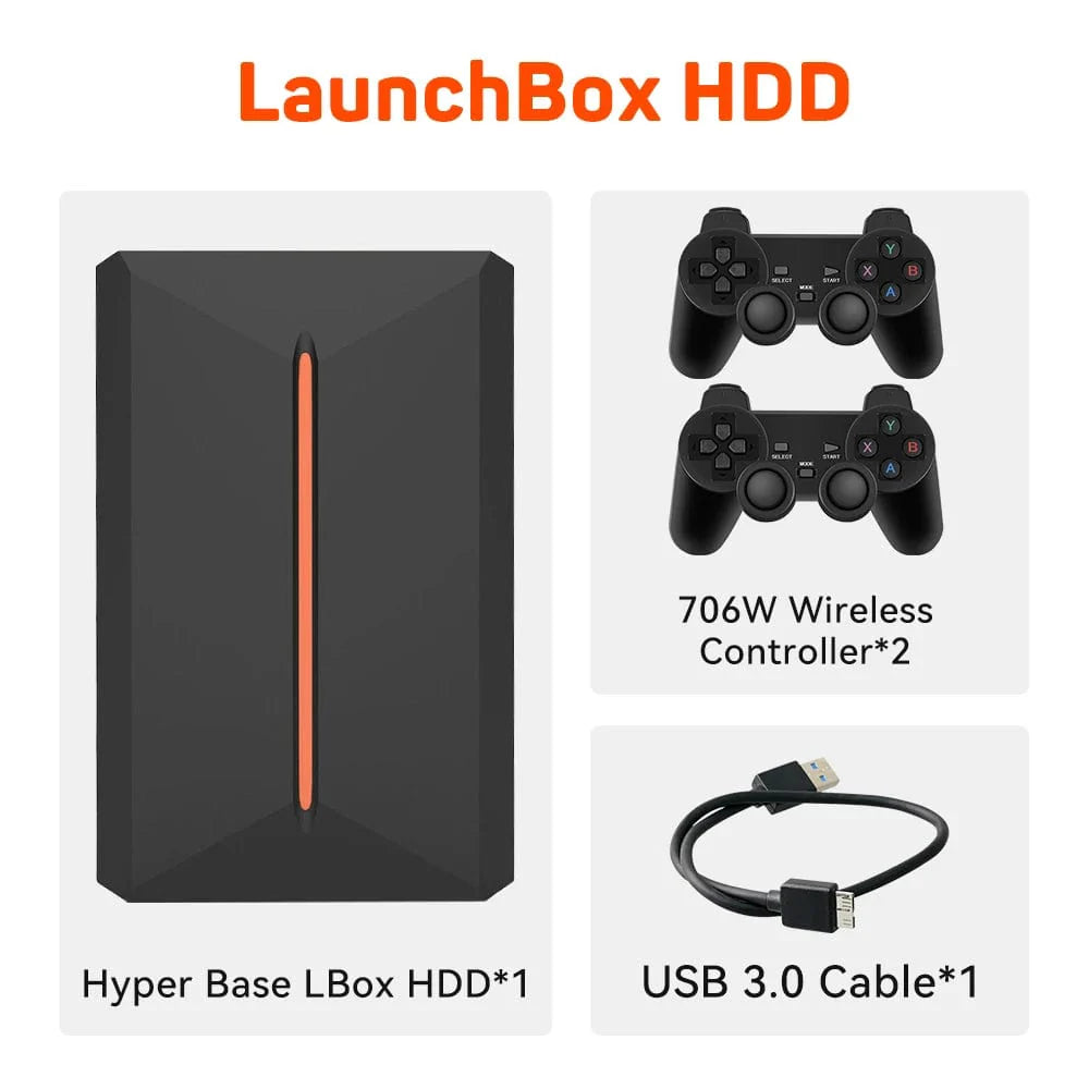 JMachen Launchbox 500GB external gaming hard drive with retro 3D game console design for PS4, PS3, Wii, and PC gaming.
