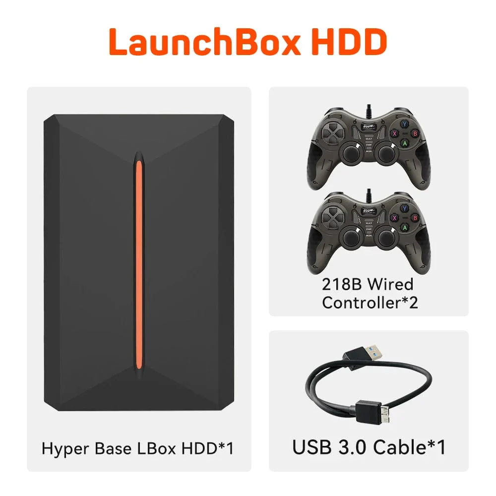 JMachen Launchbox 500GB external gaming hard drive with retro 3D game console design for PS4, PS3, Wii, N64, and PC gaming.