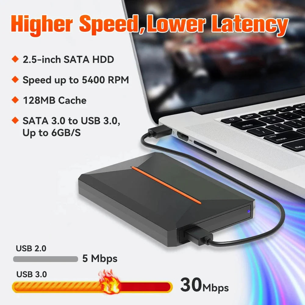 JMachen Launchbox 500GB external gaming hard drive with retro 3D game console design, compatible with PS4, PS3, Wii, and PC.