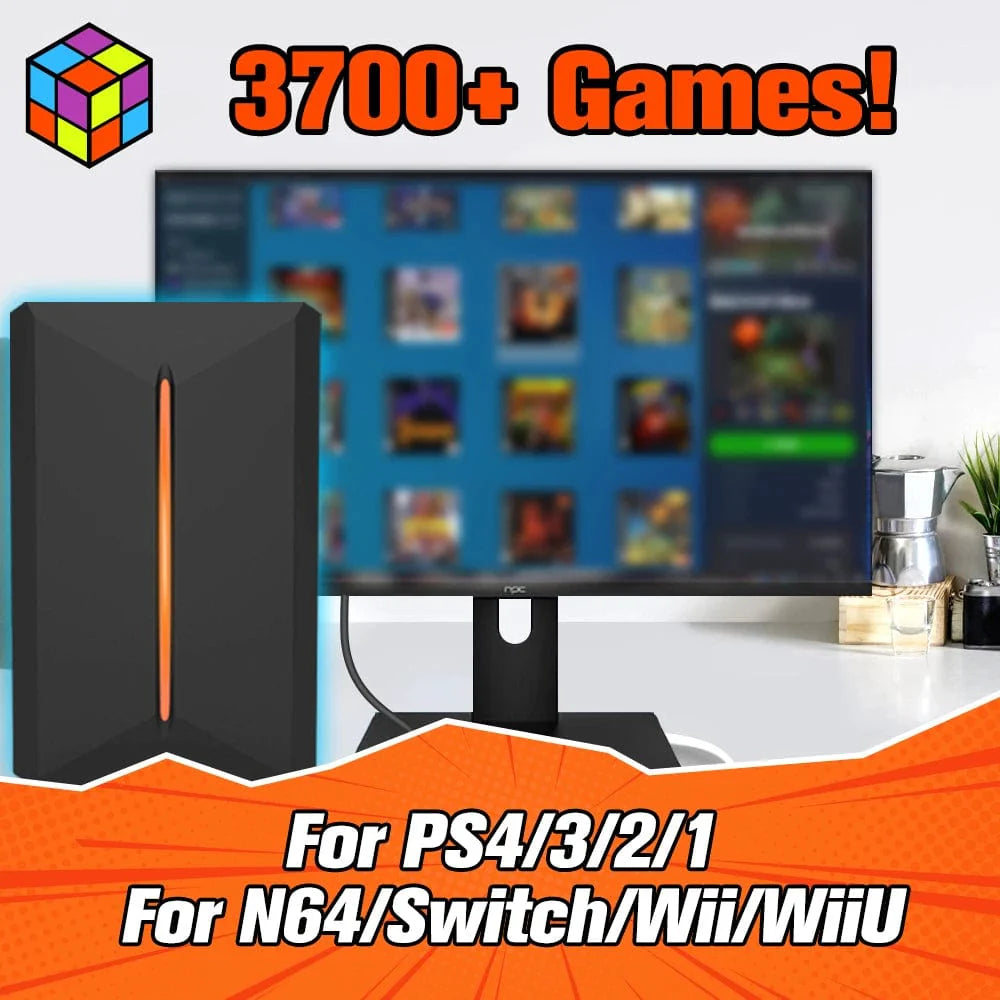 JMachen Launchbox 500GB external gaming hard drive with retro 3D game console design for PS4, PS3, Wii, and PC gaming.
