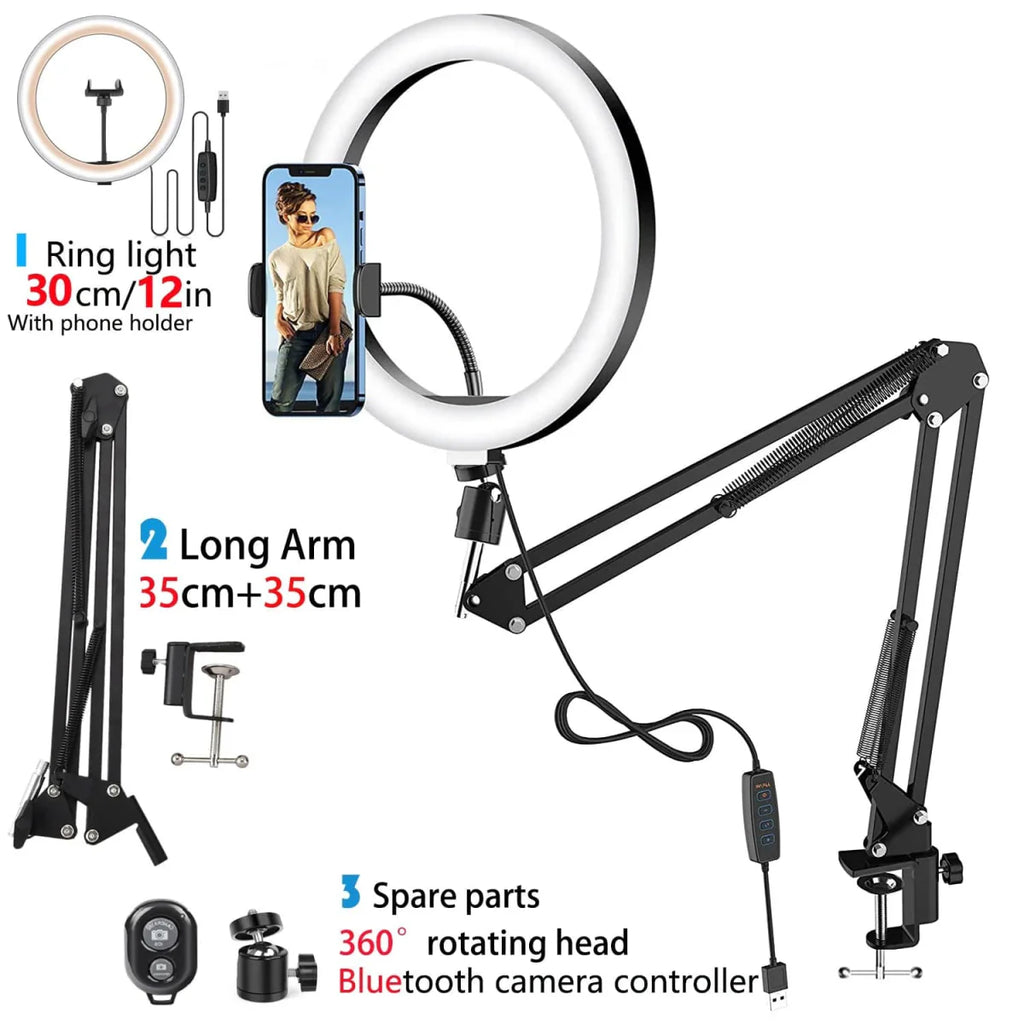 Dimmable 10-inch BAODELI LED Selfie Ring Light with folding stand, phone holder, perfect for YouTube streaming and photography.
