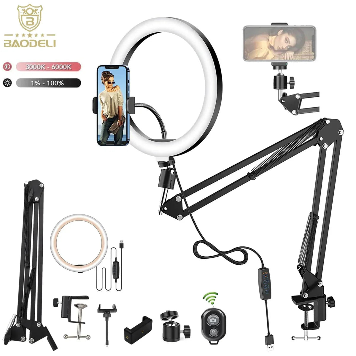 Showlu Fashion Store BAODELI 10-inch LED selfie ring light with folding stand arm, dimmable fill light for streaming and photography.