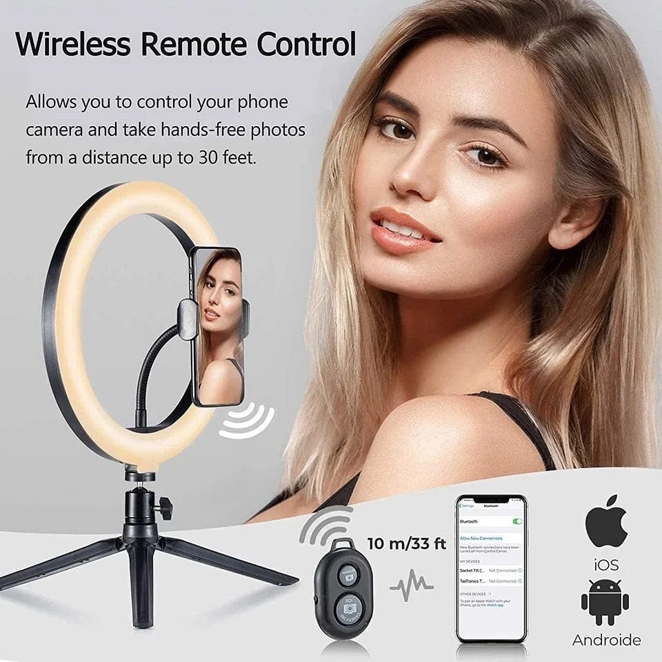 Showlu Fashion Store BAODELI 10-inch LED selfie ring light with folding arm stand, dimmable, ideal for phone photography and streaming.