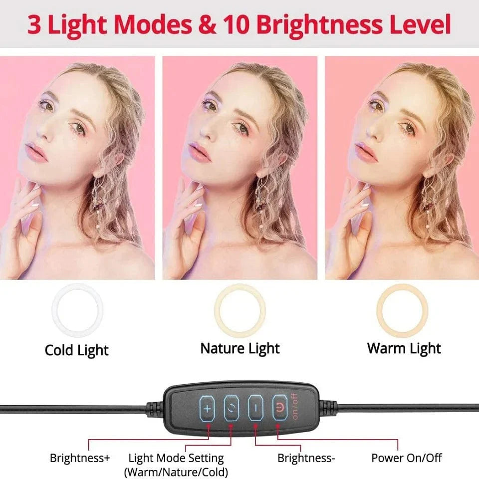 Showlu Fashion Store BAODELI 10-inch LED selfie ring light with folding arm stand, dimmable circle fill light for streaming and photography.