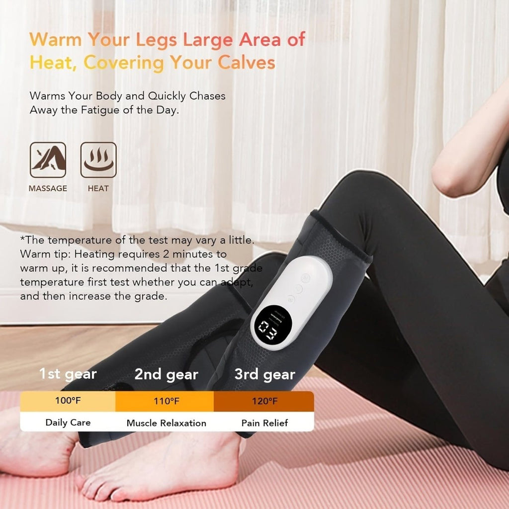 SHOWLU Leg Massager with Heat, air compression calf massager for circulation, pain relief, with adjustable intensities and modes.
