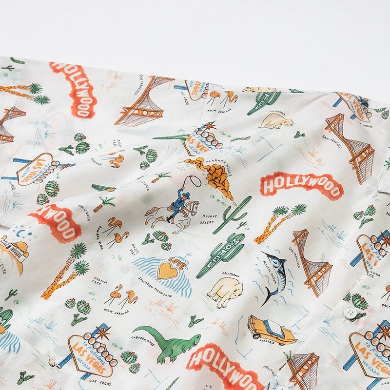 Retro dinosaur print shirt by Showlu Fashion Store, short-sleeved cartoon top with colorful dinosaur illustrations.