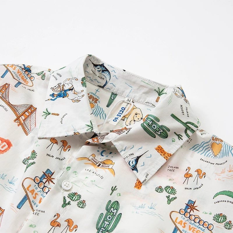Short-sleeved Lengoist Retro Dinosaur Print Shirt featuring colorful cartoon dinosaur designs for a trendy, casual look.