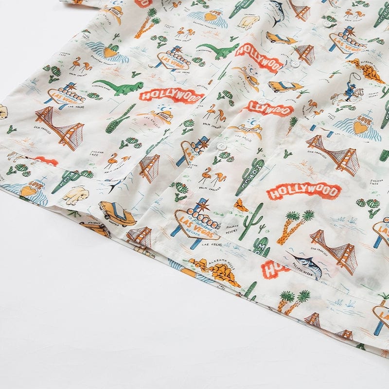 Short-sleeved retro dinosaur print shirt by Showlu Fashion Store featuring colorful cartoon dinosaur design.