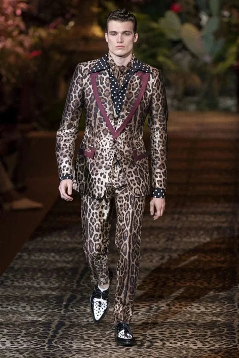SHOWLU FASHION STORE men's leopard velvet 2-piece suit with blazer and trousers, slim fit groom tuxedo for wedding or formal events