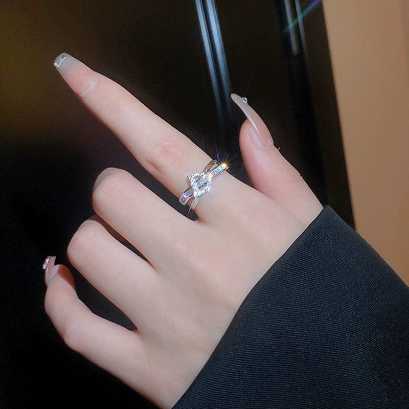 Silver plated women's open ring featuring a stylish zircon letter design, showcasing elegant jewelry from Showlu Fashion.