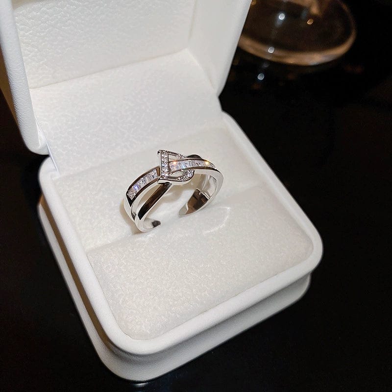 Silver plated open ring with zircon letter design, stylish women's jewelry from Showlu Fashion.