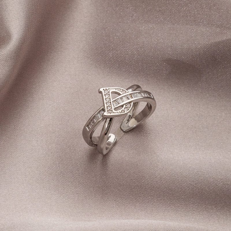 Silver plated women's open ring with zircon letter design, stylish jewelry by Showlu Fashion.