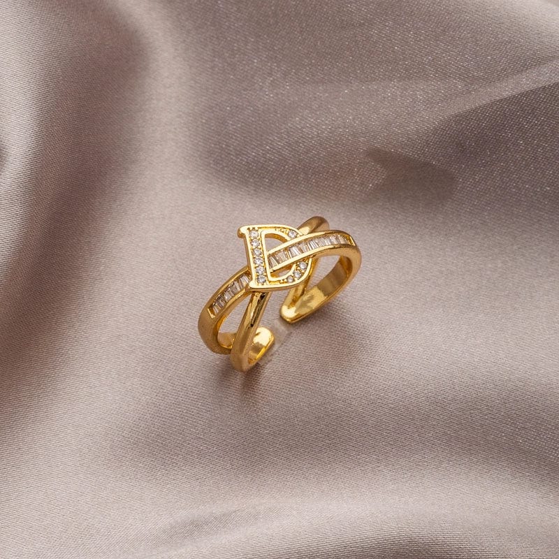 Silver plated women's open ring with zircon letter design, stylish jewelry by Showlu Fashion.