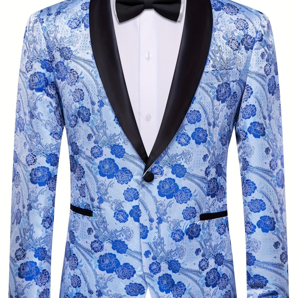 Light blue floral jacquard blazer with shawl lapel, casual and vintage-style men's jacket, suitable for fall and winter wear.