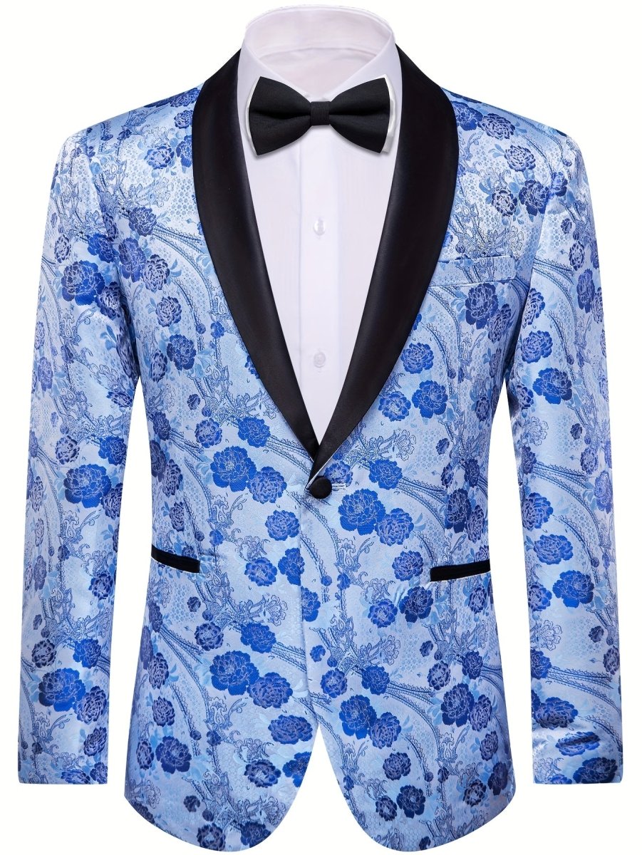Light blue floral jacquard blazer with shawl lapel for men, vintage-style casual jacket, suitable for fall and winter.
