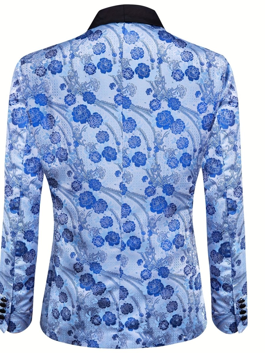 Light blue floral jacquard blazer with shawl lapel, casual and vintage-style men's suit jacket for fall and winter wear.