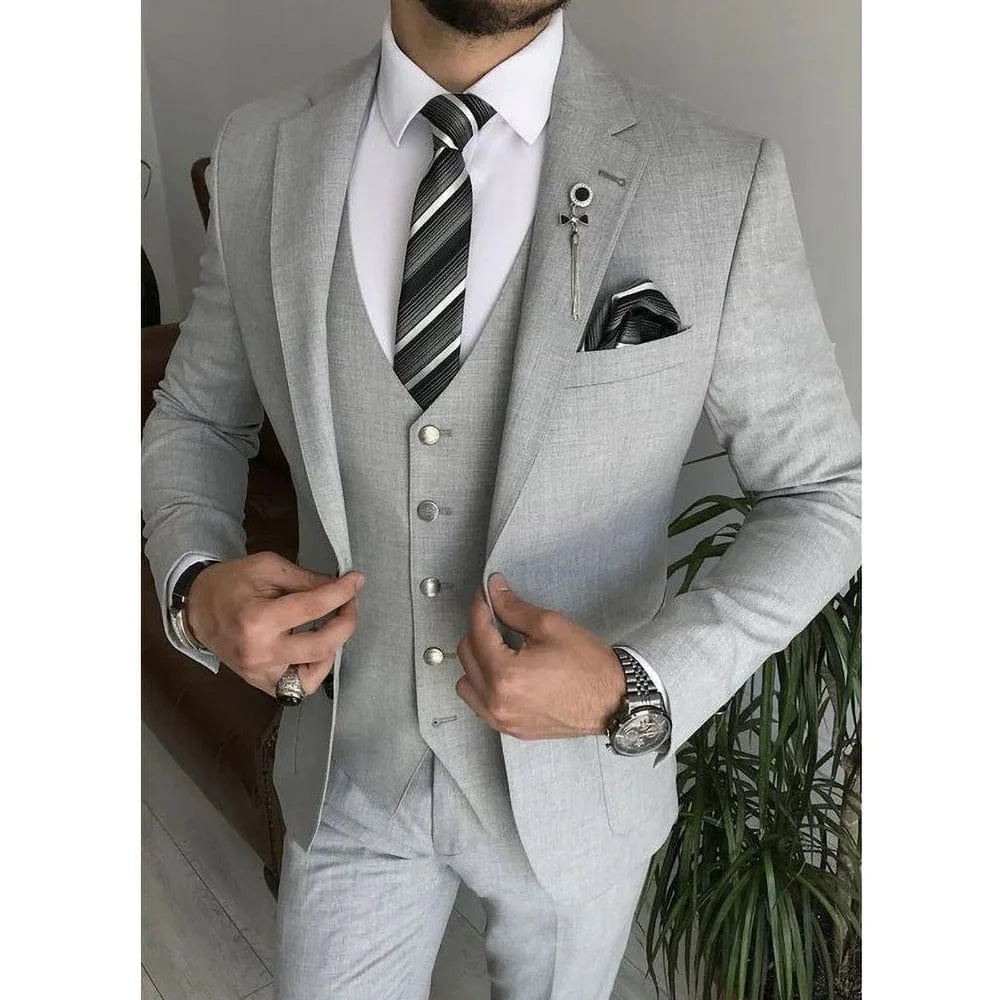 Light gray SHOWLU men's 3-piece suit with notch lapel, slim fit, includes blazer, vest, and pants, suitable for formal or wedding wear.