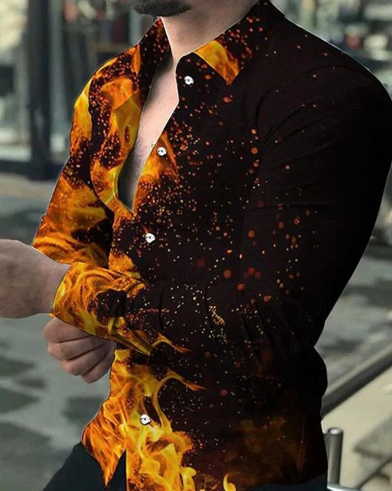 Men's Showlu Fashion floral 3D print Hawaiian shirt with long sleeves, lapel collar, casual beachwear style.