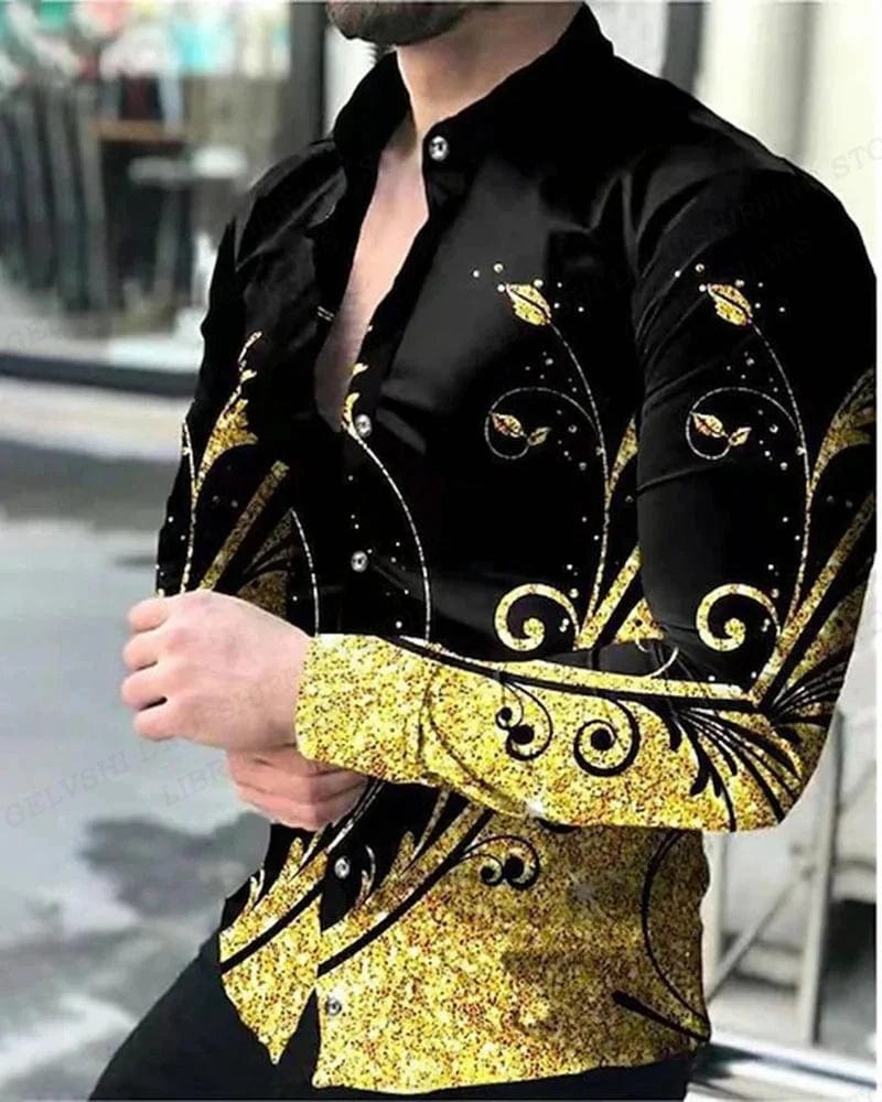Men's Showlu Fashion floral 3D print Hawaiian shirt with long sleeves, lapel, casual beachwear style, vibrant floral design.