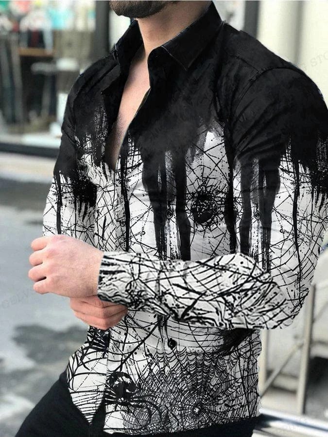 Showlu Fashion men's floral 3D print Hawaiian shirt with long sleeves and lapel, ideal for casual beachwear and summer style.