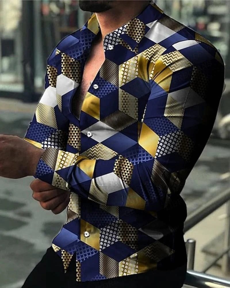 Men's floral 3D print Hawaiian shirt with long sleeves and lapel, featuring vibrant tropical design for casual beachwear.