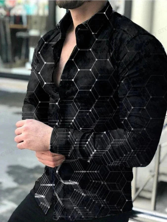 Showlu Fashion men's floral 3D print Hawaiian shirt with long sleeves and lapel, perfect for casual beachwear.