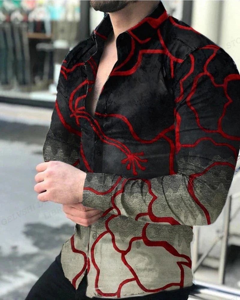 Showlu Fashion men's floral 3D print Hawaiian shirt with long sleeves, lapel collar, casual beach style, vibrant floral design.