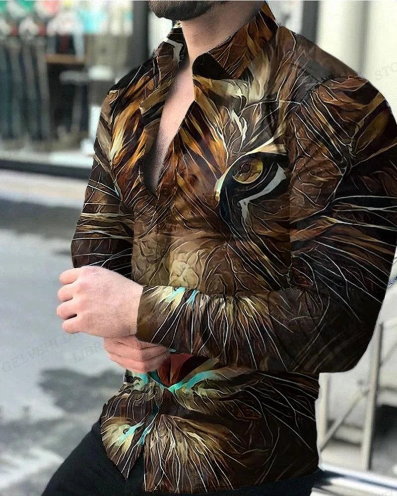 Men's floral 3D print Hawaiian shirt by Showlu Fashion, long sleeve, casual beach style with lapel collar.