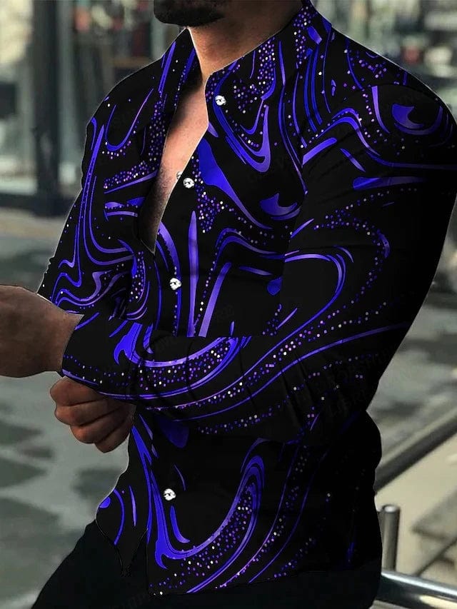 Showlu Fashion men's floral 3D print Hawaiian shirt with long sleeves and lapel, perfect for casual beachwear and summer fashion.