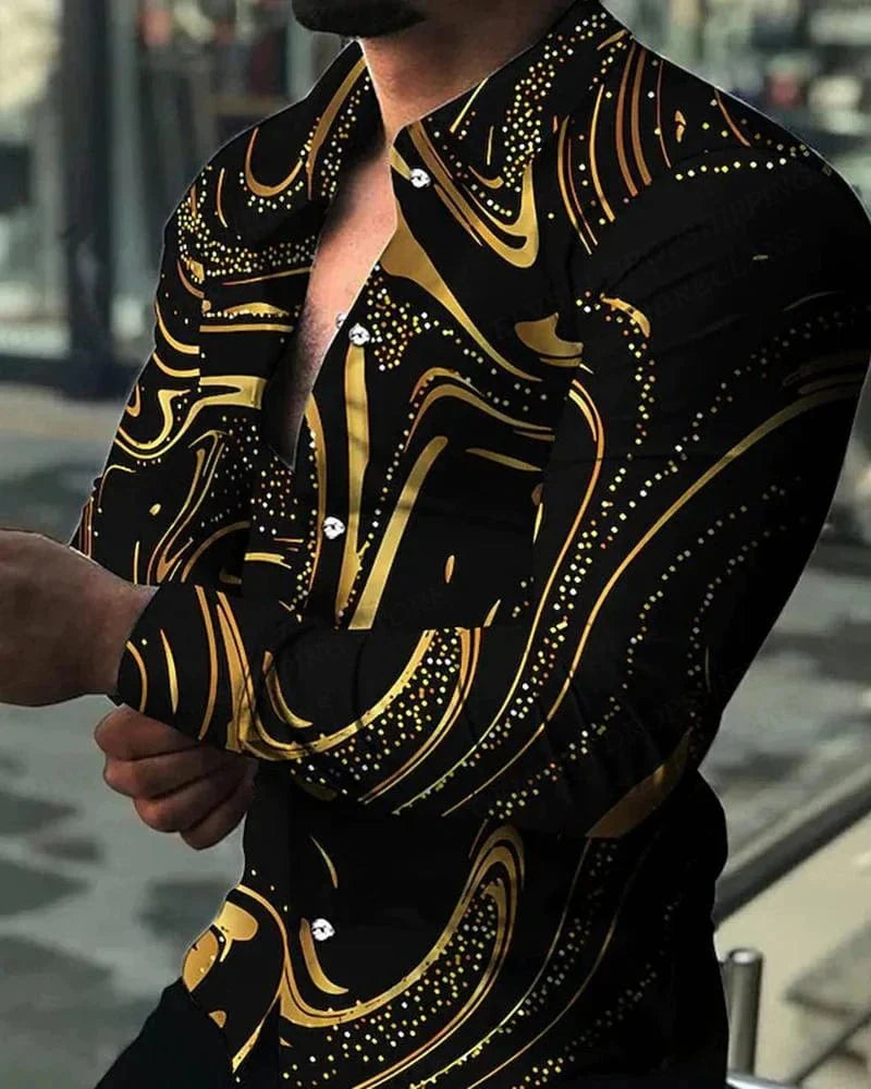 Men's floral 3D print Hawaiian shirt by Showlu Fashion, long sleeve, casual beach style with lapel collar.