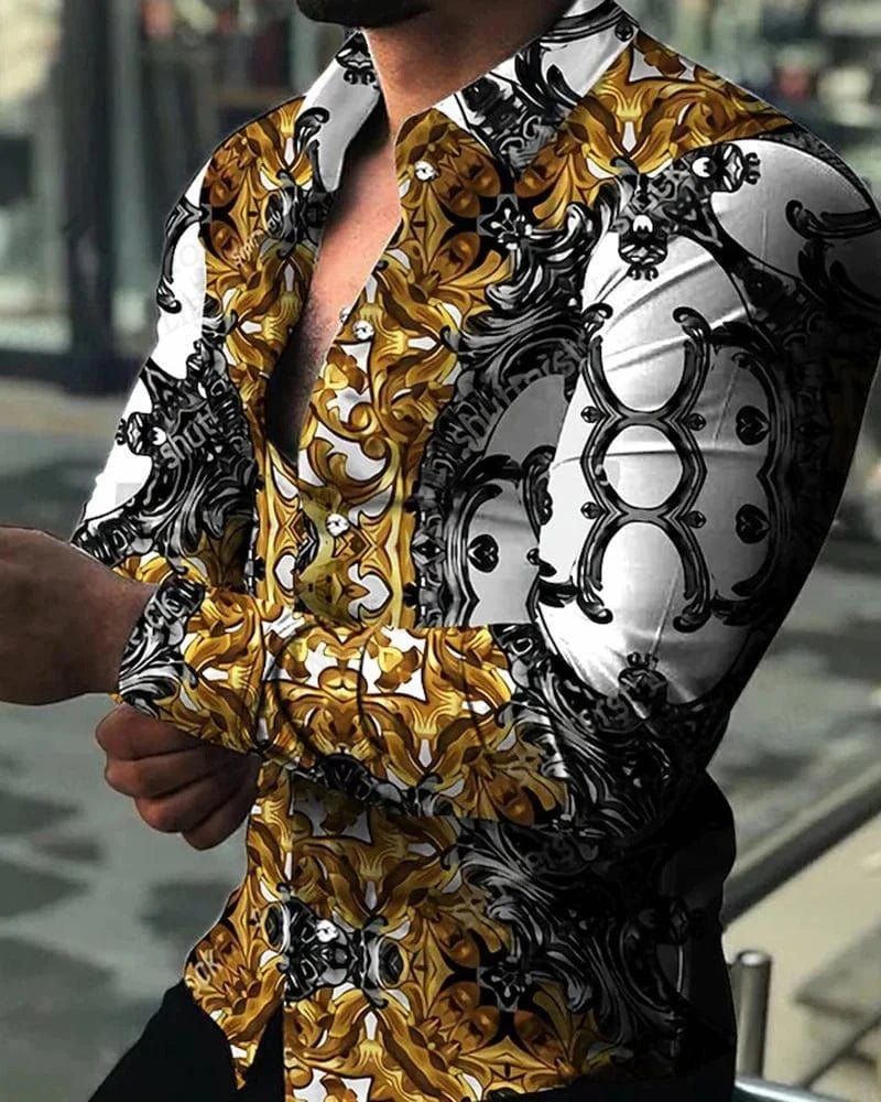 Showlu Fashion men's floral 3D print Hawaiian shirt with long sleeves and lapel, casual beachwear with vibrant floral design.