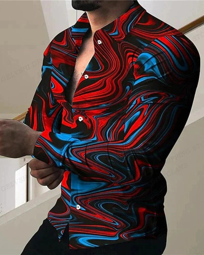 Showlu Fashion men's floral 3D print Hawaiian shirt with long sleeves and lapel, perfect for casual beachwear.