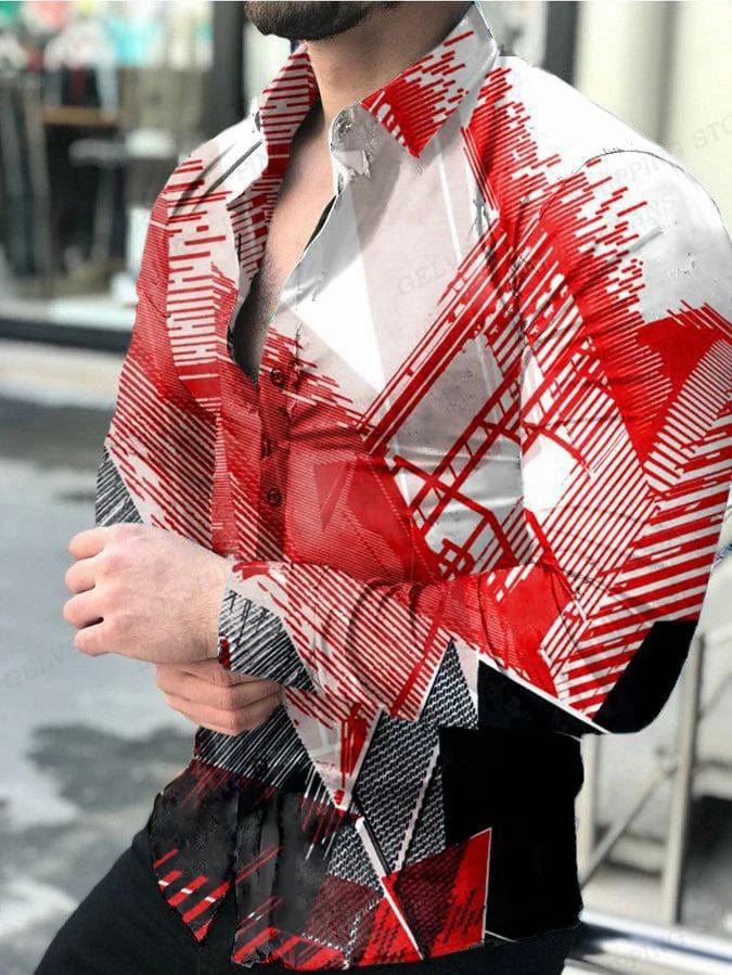 Men's floral 3D print Hawaiian shirt with long sleeves and lapel, casual beachwear by Showlu Fashion Store.
