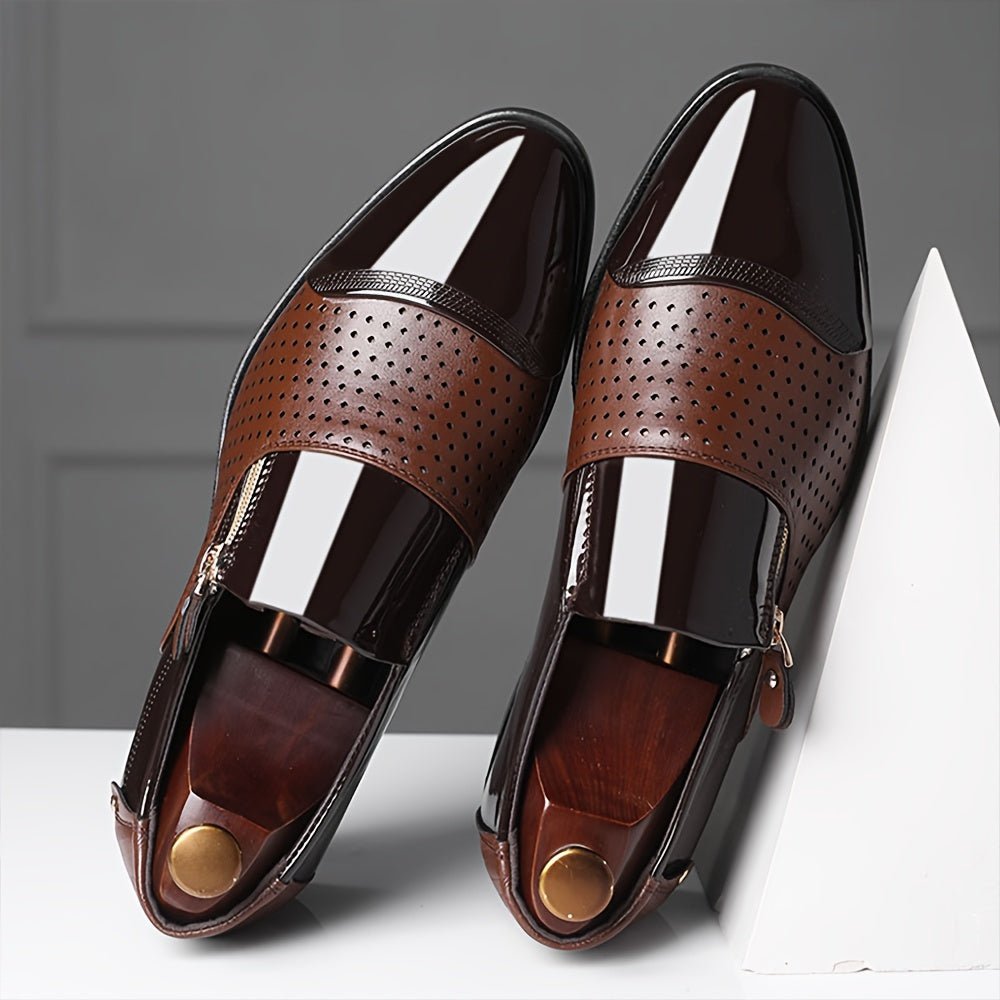 Lightweight men's pointed toe Oxford dress shoes with zipper detail, breathable loafers suitable for formal and business casual wear.