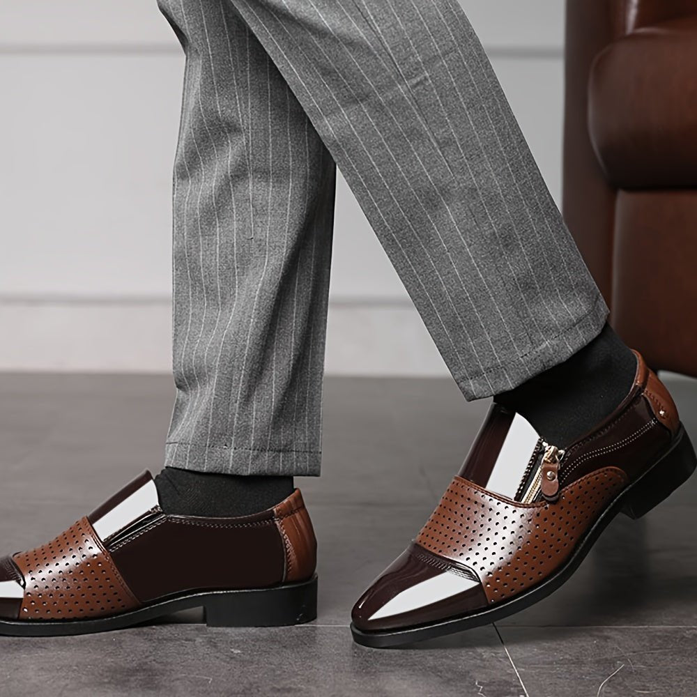Lightweight SHOWLU FASHION men's pointed toe Oxford dress shoes with zipper, breathable loafers for formal and casual wear.