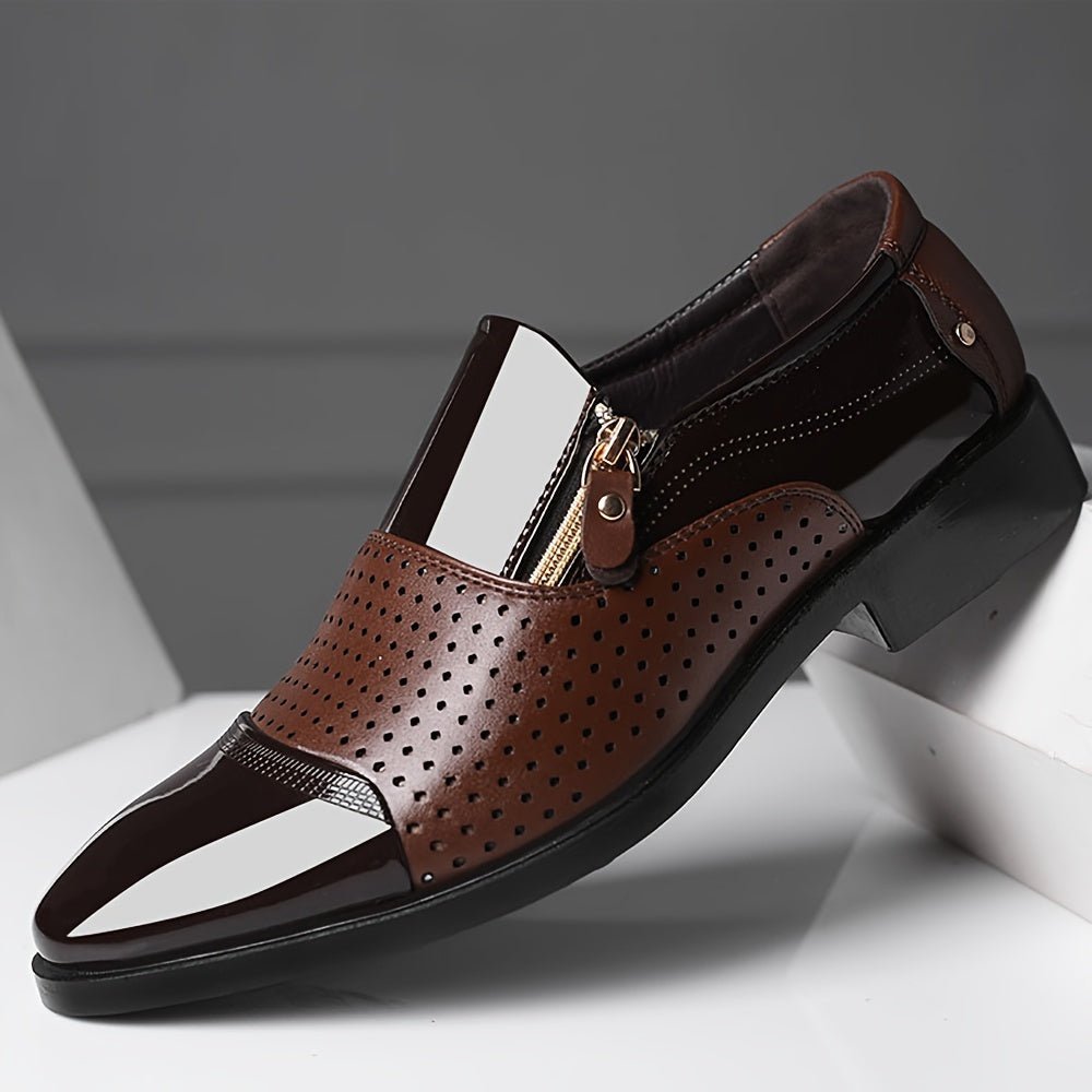 Lightweight SHOWLU FASHION men's pointed toe Oxford dress shoes with zipper, breathable slip-on loafers for formal and casual wear.