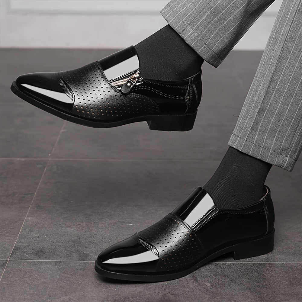 Lightweight SHOWLU FASHION men's pointed toe Oxford dress shoes with zipper, breathable loafers for formal and casual wear.
