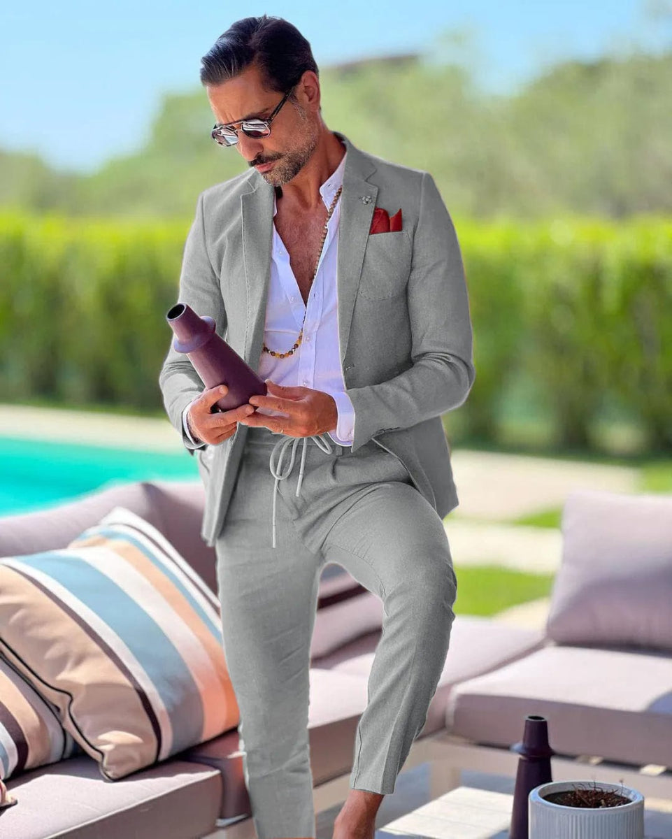 Linen single breasted men's suit two - piece summer jacket pants slim fit casual business wedding groom tailcoat formal work wear - SHOWLU FASHION STORE