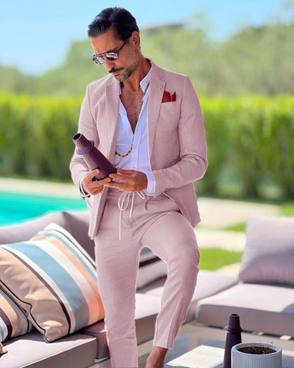 Linen single breasted men's suit two - piece summer jacket pants slim fit casual business wedding groom tailcoat formal work wear - SHOWLU FASHION STORE