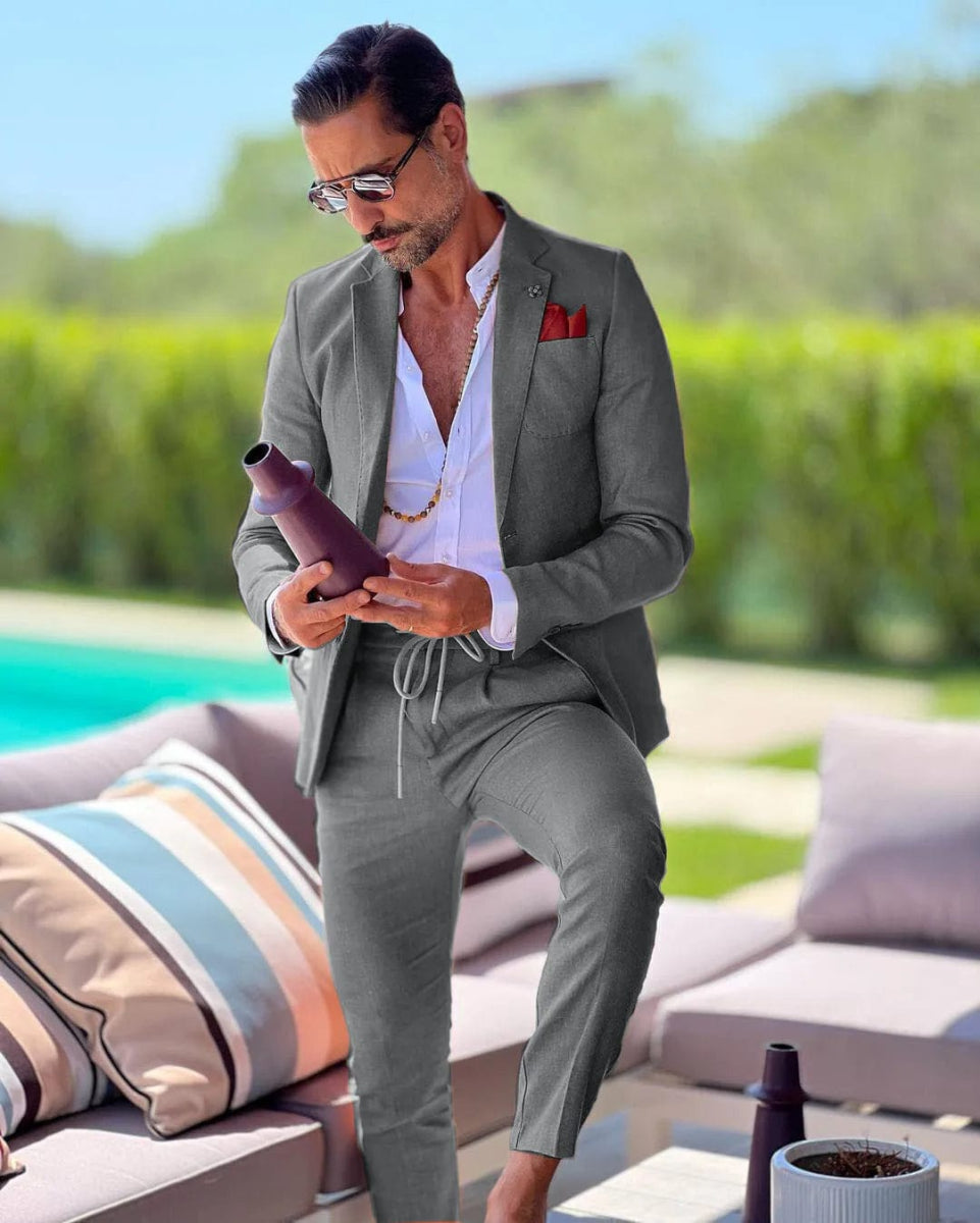 Linen single breasted men's suit two - piece summer jacket pants slim fit casual business wedding groom tailcoat formal work wear - SHOWLU FASHION STORE