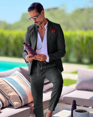 Linen single breasted men's suit two - piece summer jacket pants slim fit casual business wedding groom tailcoat formal work wear - SHOWLU FASHION STORE